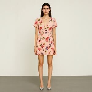 Lulus Cherished Love Pink Floral Short Sleeve Mini Fit & Flare Wrap Dress Size M